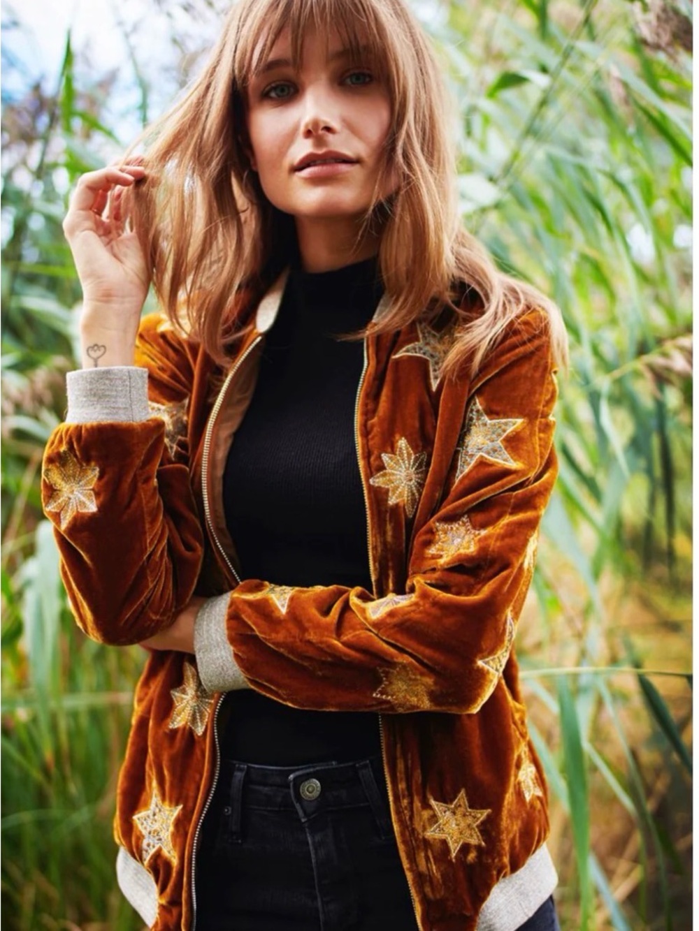 Band of Gypsies Rust Velvet Star-Embroidered Bomber Jacket